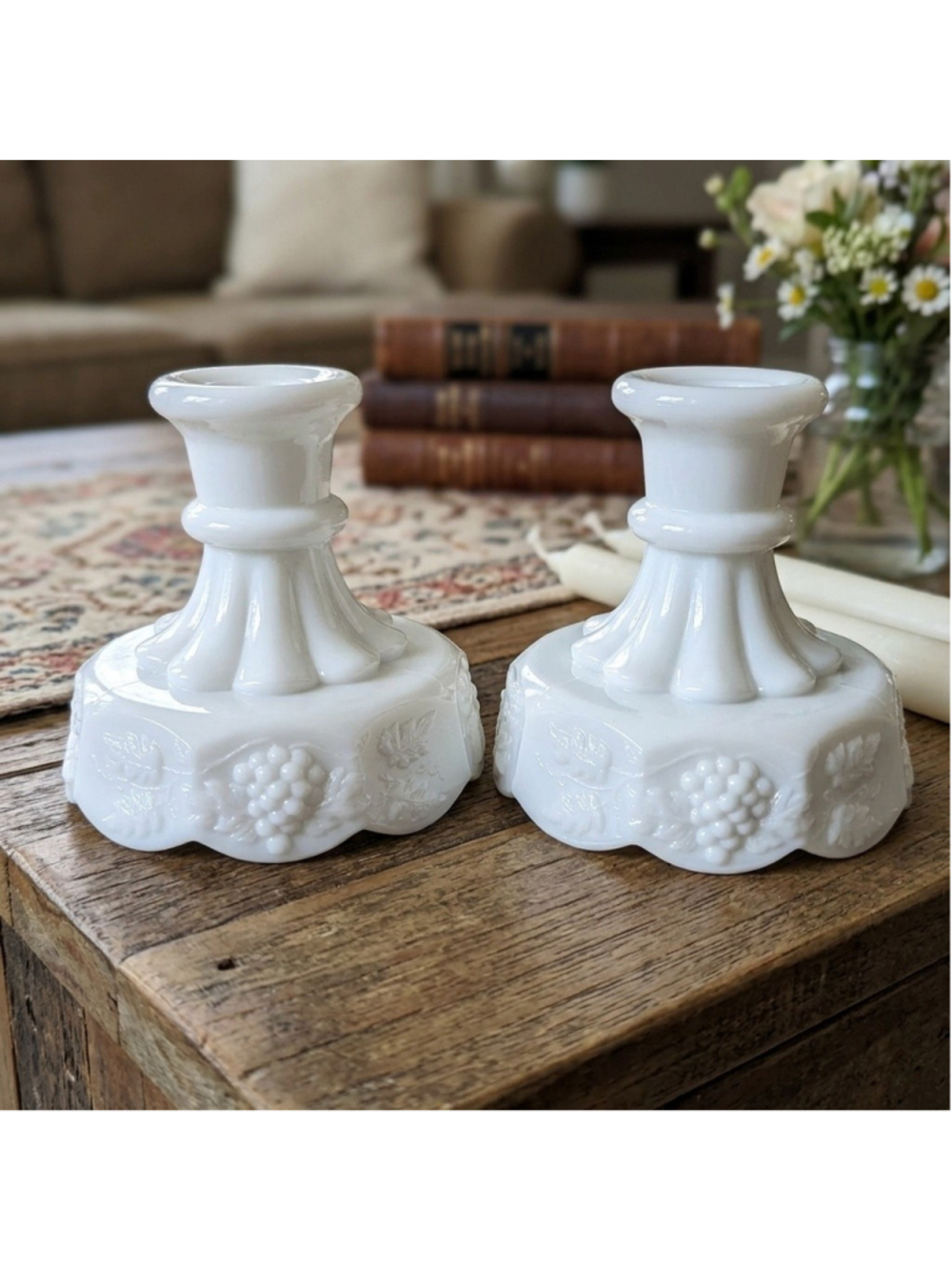 Vintage Westmoreland Milk Glass Paneled Grape Candle Holders - Pair